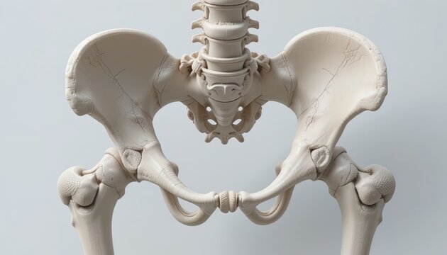 Human pelvic bone structure is isolated against a plain white background.