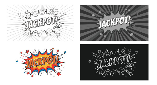 Collection of jackpot comic speech bubbles with explosive stars and ray backgrounds for various gaming and casino promotion designs.