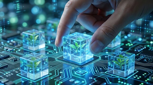 Hand placing a glowing cube with a plant and AI symbol on a futuristic digital circuit board representing advanced technology and innovation in agriculture.