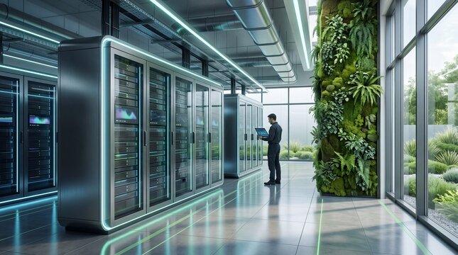 Smart data center green energy sustainable reliability concept. Modern data center with green plant wall and advanced servers for efficient computing.