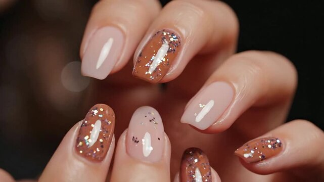 Woman showcases her intricately designed nails with various patterns and colors.