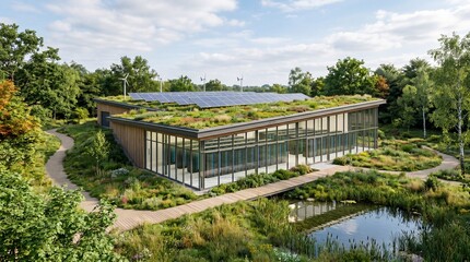 Fototapeta premium Modern eco-friendly building surrounded by lush greenery and a serene pond.