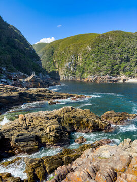 Scenic view of the Storms River Mouth gorge and suspension bridge