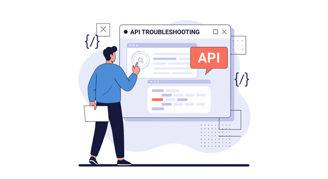API Troubleshooting, Developer Fixing Code Problems, Software Debugging Concept