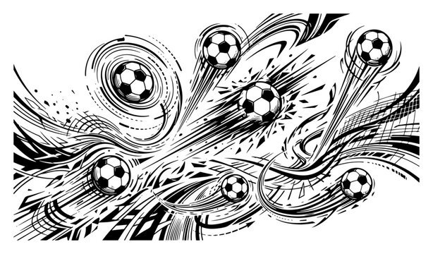 Football balls flying with dynamic motion trails and abstract speed lines vector design