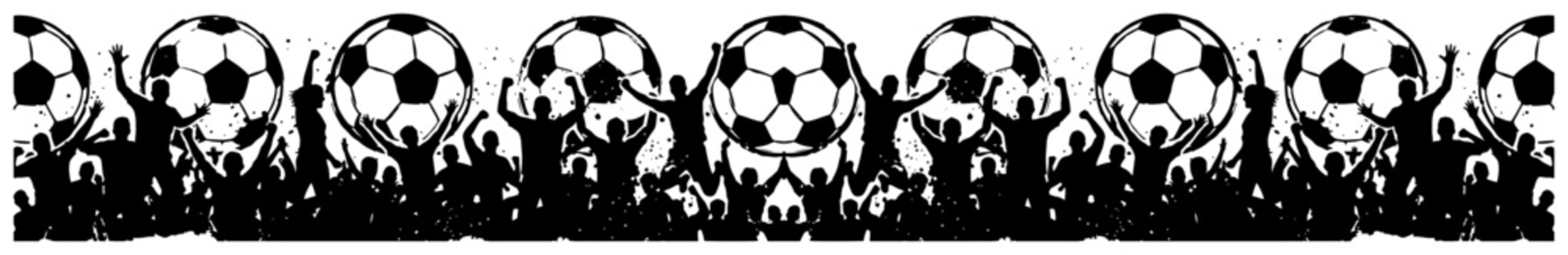 Cheering soccer fans and large footballs forming a horizontal crowd banner silhouette vector
