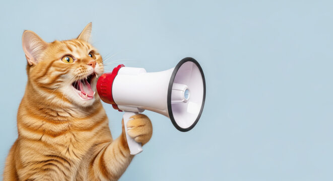 Orange tabby cat holds a megaphone and appears to be meowing against a light blue background, showcasing a playful and humorous scene