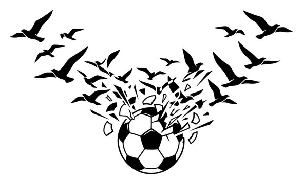 Soccer ball exploding into flying birds representing freedom and transformation silhouette style