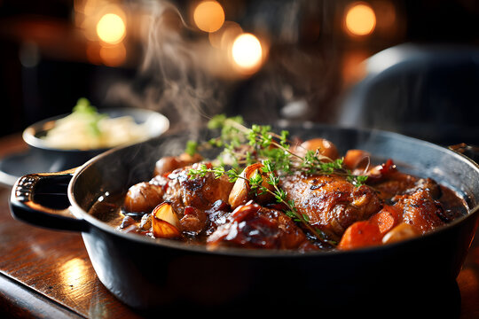 Traditional French Coq au Vin in Black Cast Iron Pot with Aromatic Herbs and Vegetables