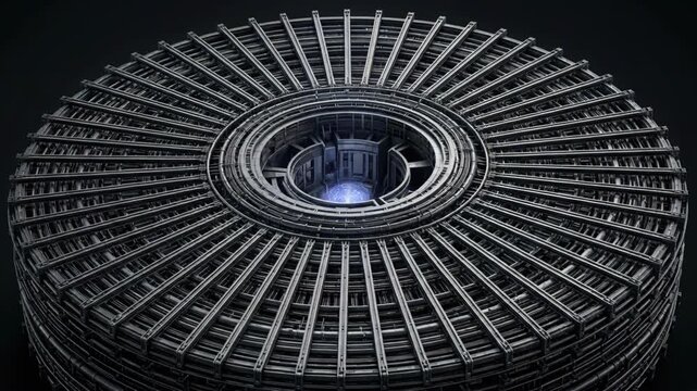 Abstract Data Network Circular Metal Structure on Dark Background
