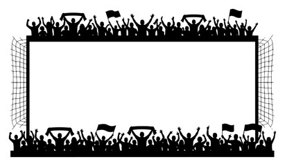 Obraz premium Soccer fans cheering in silhouette frame around copy space with goal net details