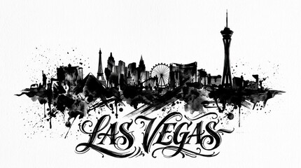 Obraz premium Las Vegas skyline silhouette featuring the Stratosphere and iconic Strip elements, dramatic black and white ink splash design, flashy artistic lettering below reading 