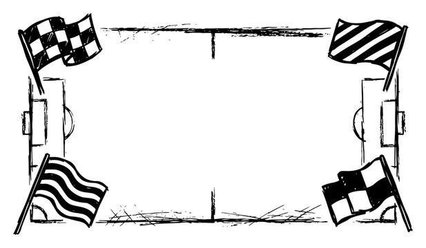 Soccer field frame with waving flags and corner markings in grungy sketch style