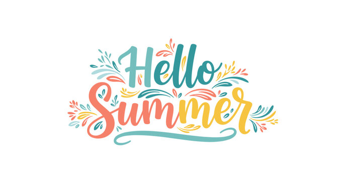 Colorful hello summer handlettered script with decorative flourishes