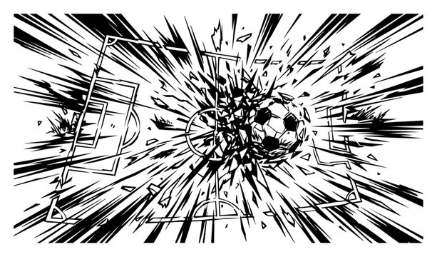 Soccer ball exploding on pitch with dramatic blast lines in dynamic action style