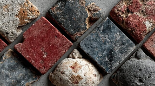 Close-up of various-colored square stone tiles in a mosaic pattern on a textured surface