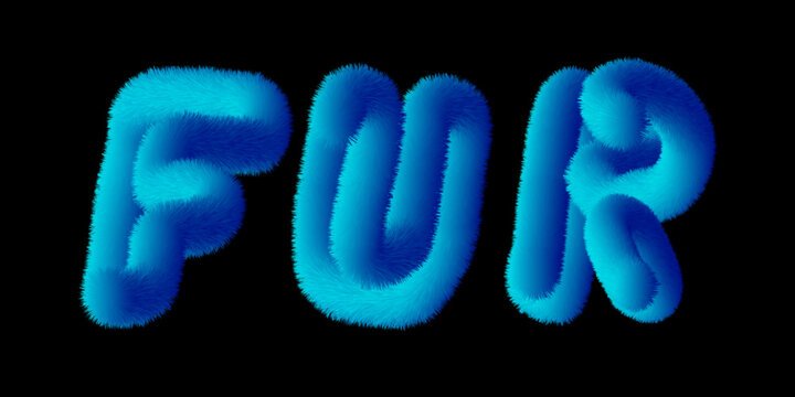 Word FUR written fake fur letters 3d imitation blue color on black background