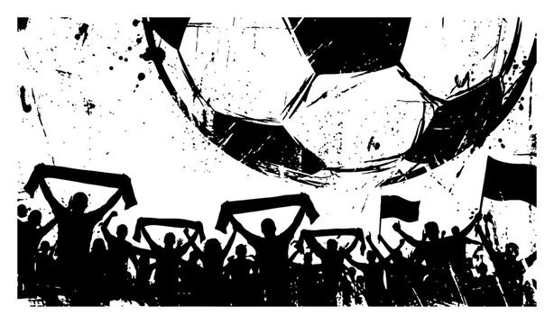 Cheering fans silhouette holding scarves and flags under a large football in grunge style