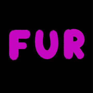 Word Fur written of fake fur flat letters purple color on black background