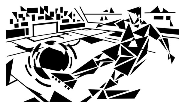 Soccer player kicking ball in geometric abstract style composed of triangles and polygons