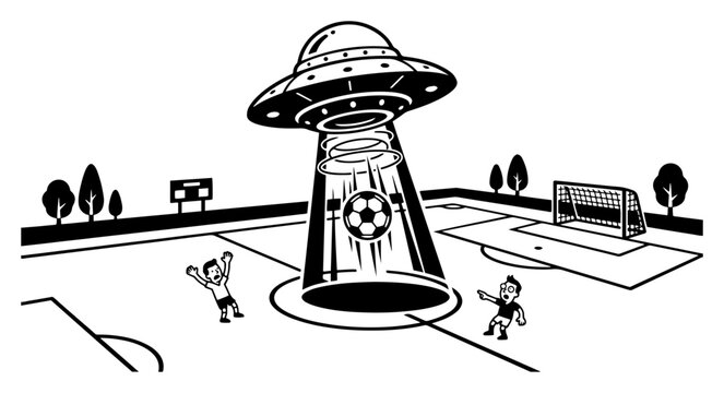 UFO abducting soccer ball from field with surprised players funny comic illustration