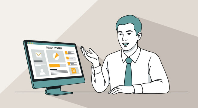 Man presenting ticket system dashboard on computer screen, business concept illustration