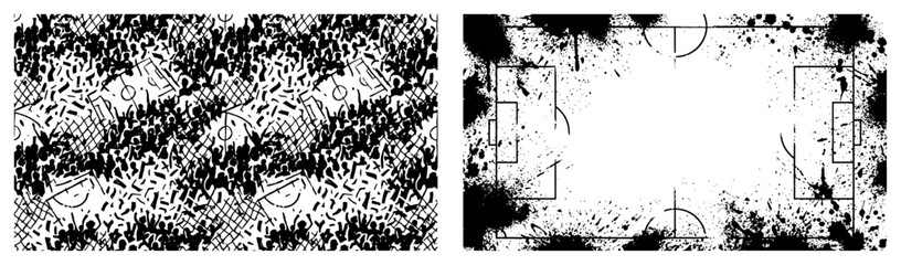 Soccer field pitch with heavy ink splatters and distressed textures in grunge vector style © AnjaliDesai