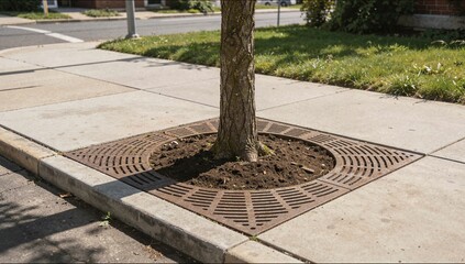 Obraz premium Street tree with iron grate protector in sidewalk pavement ideal for urban forestry and sustainable city planning concept