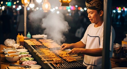 Obraz premium Asian Street Food Vendor at Night Preparing Grilled Skewers