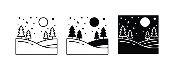 Obraz premium Winter Landscape Icons, Snowy Night Scene, Stylized Nature Elements, Vector Art