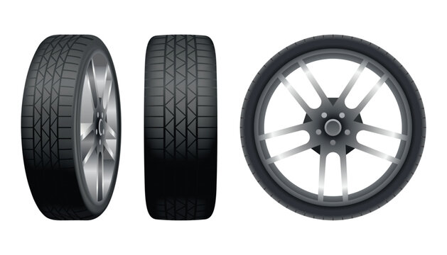 Car tires of rubber with disks. Vector realistic isolated set of tires in different positions. Automobile wheels and maintenance. Truck or vehicle repairing and replacement for next season