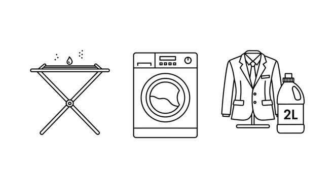 Professional laundry service icons featuring a folding drying rack, front-loading washing machine, and dry cleaning garments.