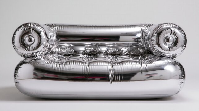Silver metallic inflatable sofa couch isolated on a clean white background.