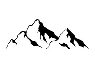 Black mountain, hill and rock silhouette. Vector rocky range and ridge with snow peaks and tops. Mountain nature landscape silhouette, hiking sport, tourism, outdoor adventure and camping themes © designer_things