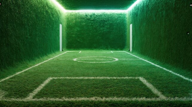 Surreal empty indoor football pitch surrounded by green grass walls and bright ceiling light.