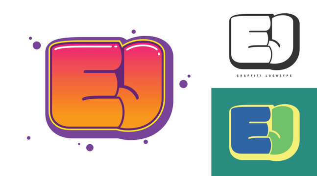 EJ logo design for festival or party. Initial letter e and j in graffiti style. Creative modern lettering company name of font typography. Kids trendy logotype or identity.
