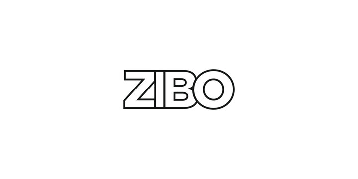Zibo in the China emblem. The design features a geometric style, vector illustration with bold typography in a modern font. The graphic slogan lettering.