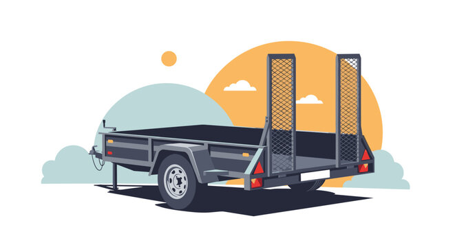 Large open utility trailer with loading ramps parked under an orange setting sun against a calm landscape with blue hills.