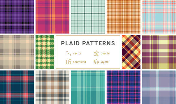 Plaid collection adapted for modern summer design. Traditional tartan patterns meet digital and printable workflows. Seamless vectors ensure usability.