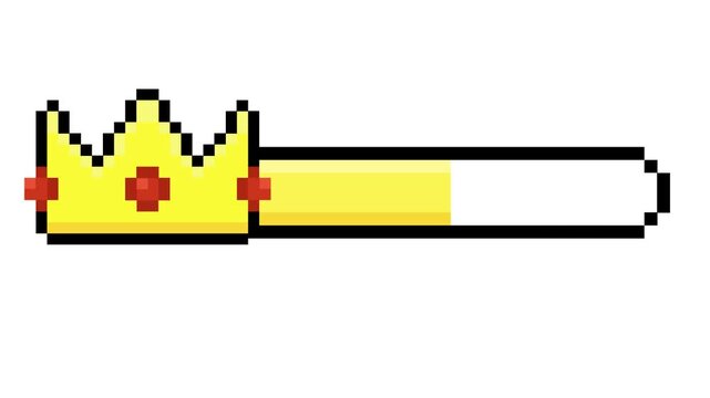 Conceptual pixel art progress bar with a golden crown symbolizing achievement, status, and completion in a retro gaming style