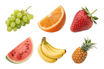 Fototapeta premium Fresh organic fruit collection including grapes orange slice strawberry watermelon banana and pineapple, food.