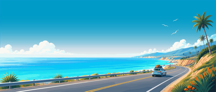 Driving to the coast on scenic ocean highway at sunset