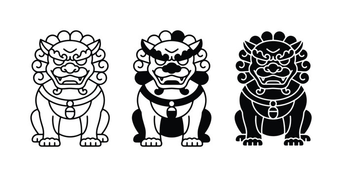 Foo Dog Vector Icons, Guardian Lion Statues, Traditional Asian Mythology Symbols, Black and White