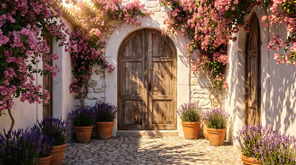 Naklejka premium Charming rustic stone entryway adorned with blooming pink roses and fragrant lavender in terracotta pots, bathed in warm sunlight