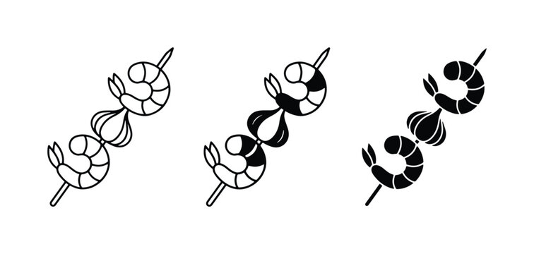 Shrimp Skewers, Garlic Kebab Vector Icons: Outline, Silhouette, Filled Styles