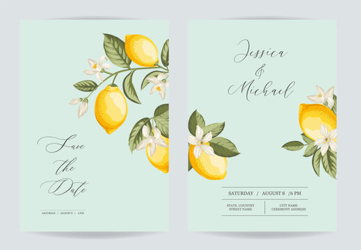 Wedding invitation. Save the date greeting card. Lemon illustration