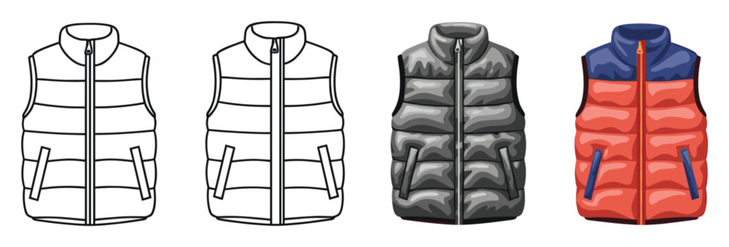 Puffer vest garment outlines and colored apparel for winter clothing design templates