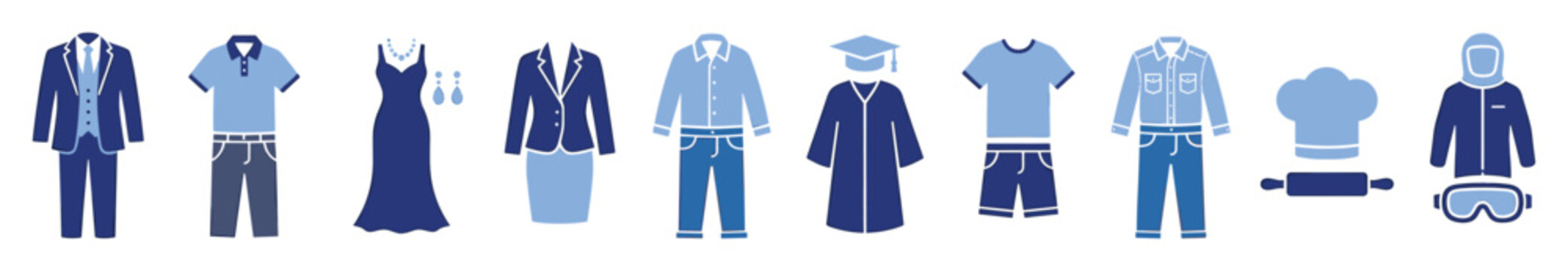 Versatile blue flat icon collection representing diverse clothing, uniforms, and attire for various professions and occasions.