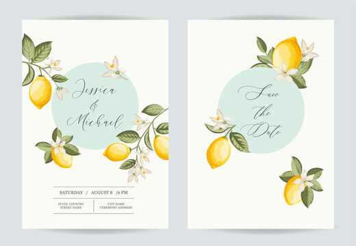 Wedding invitation. Save the date greeting card. Lemon illustration