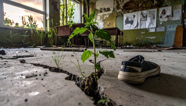 Young plant growing through cracked floor in abandoned classroom with old shoe